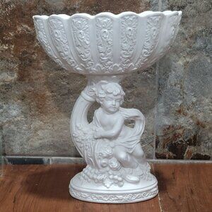Vintage Cherub Figurine Planter White Pedestal Fruit Bowl Candy Trinket Dish